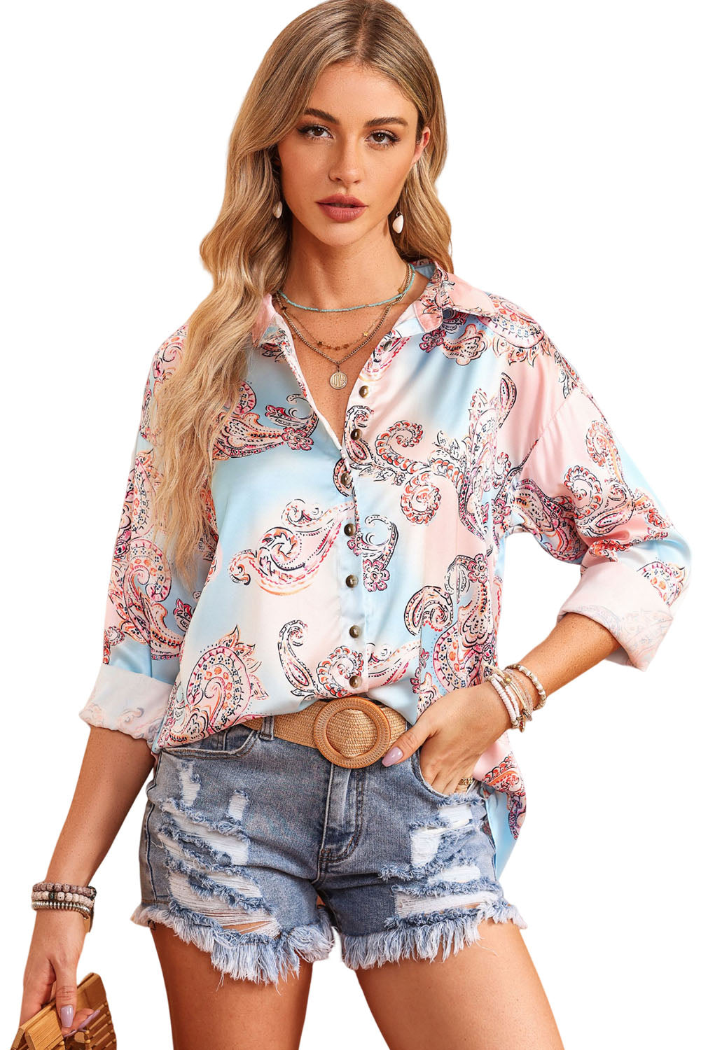 Boho Paisley Print Lantern Sleeve Button-Down Shirt