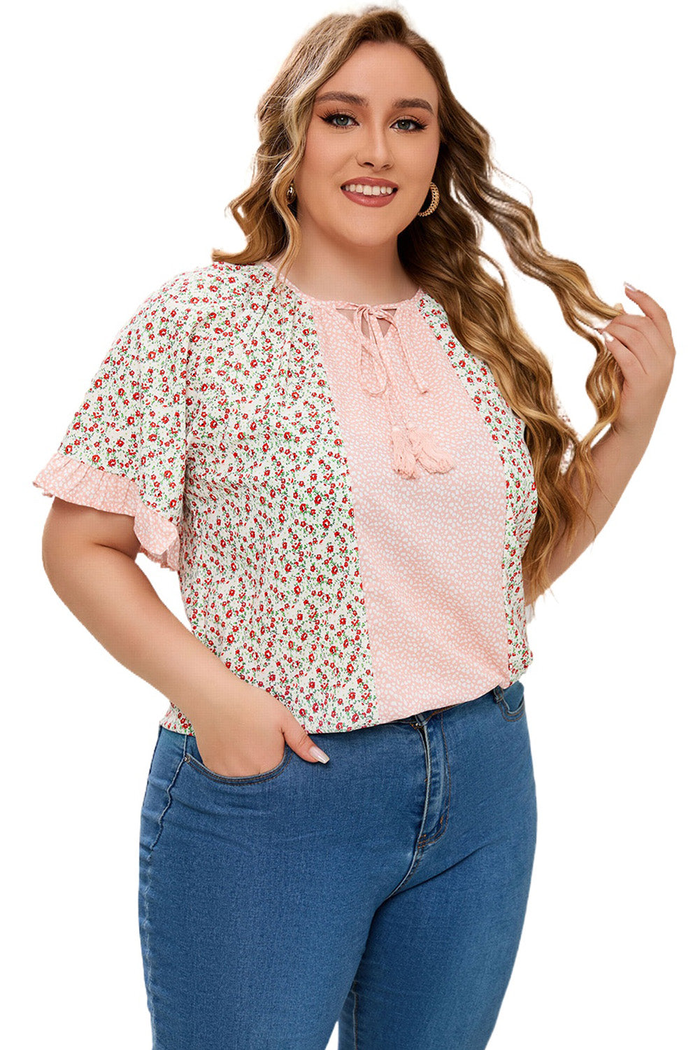 Chemisier à manches longues Dotty Floral Patchwork grande taille rose