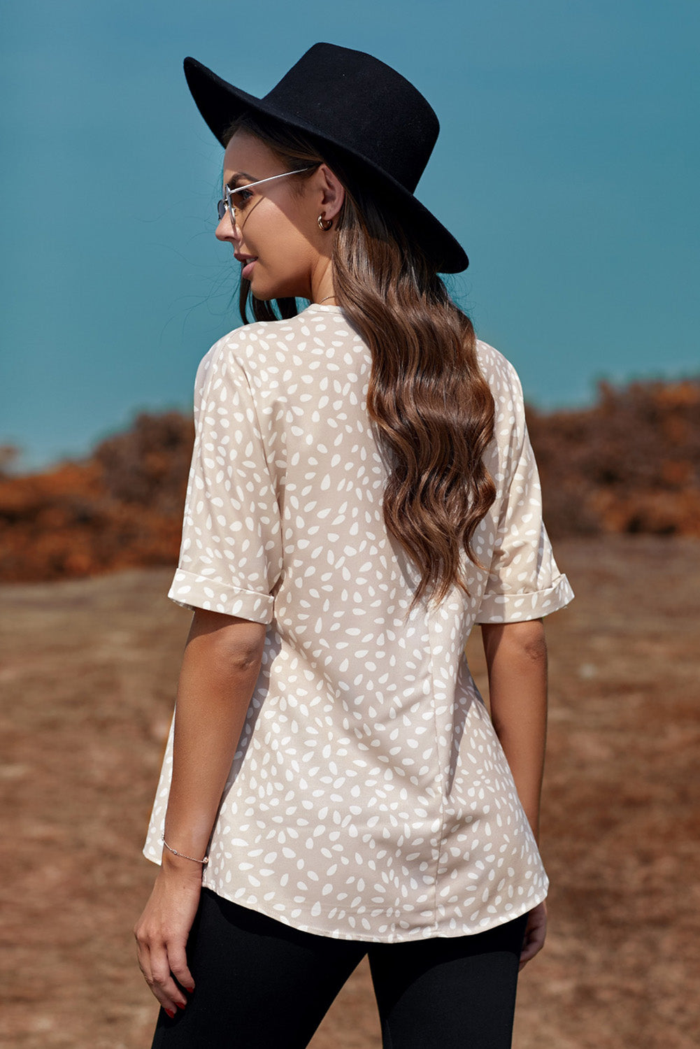 Animal Print V-neck Rolled Sleeve Tunic Top