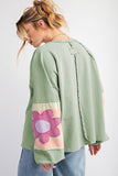 Sail Blue Flower Patchwork Raglan Sleeve Exposed Seam Oversized Top