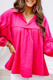 Crinkle Collared V-Neck Bubble Sleeve Flowy Blouse