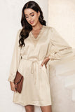 Lace Trim V Neck Tie Waist Long Sleeve Dress