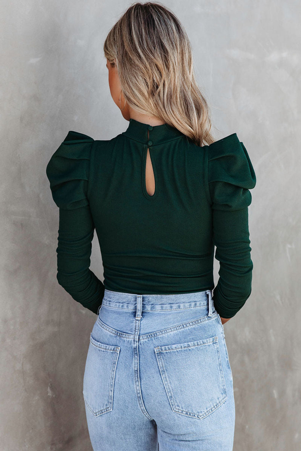 Puff Sleeve Keyhole Back Ribbed Knit Bodysuit