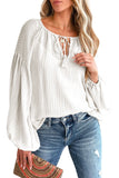 Blue Lantern Sleeve Stripe Tassel Drawstring Blouse