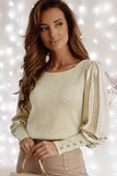 Khaki Buttoned Cuffs Shiny Puff Sleeves Top