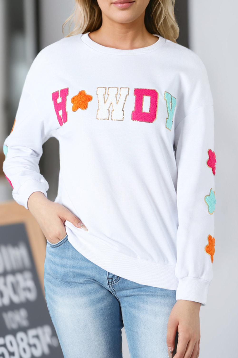 Glitter Howdy Patch Graphic Casual Sweatshirt