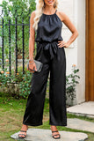 Halter Neck Sleeveless Wide Leg Jumpsuit with Belt