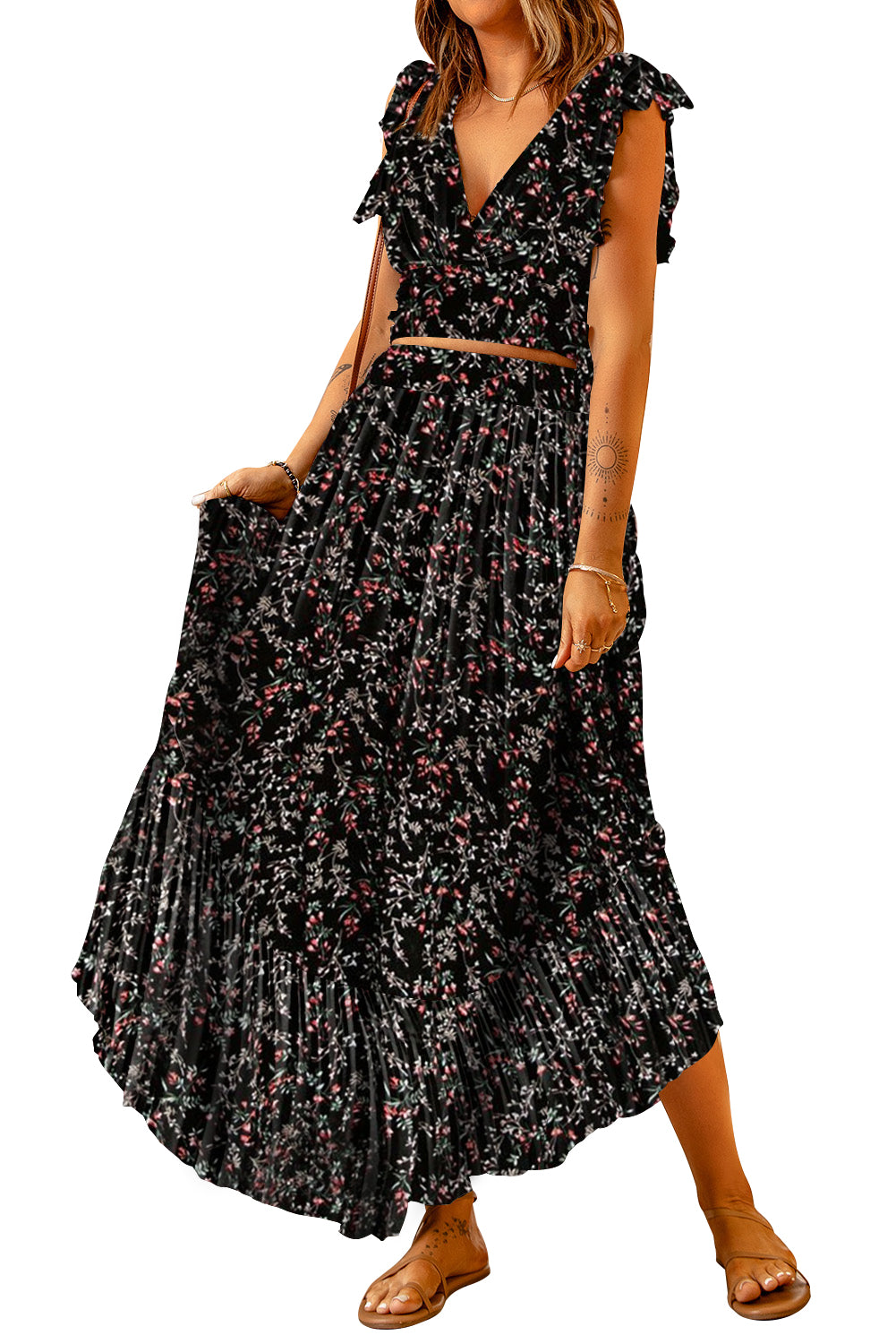 Floral Ruffled Crop Top and Maxi Skirt Set