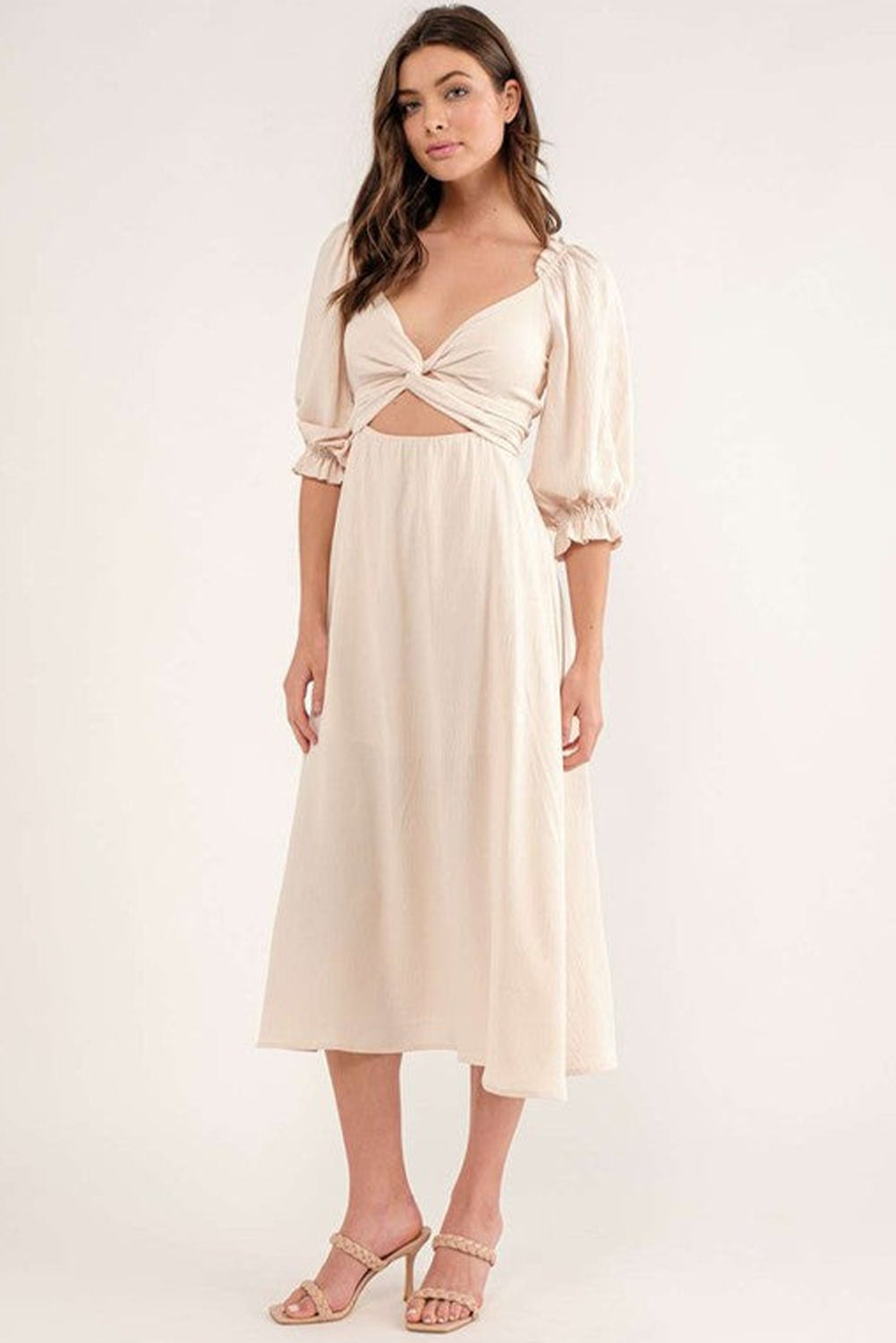 Beige Puff Sleeve Cross Tie Cut Out Maxi Dress