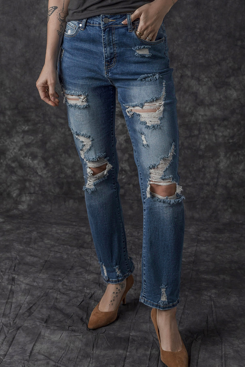 Jean boyfriend déchiré bleu vintage effet vieilli