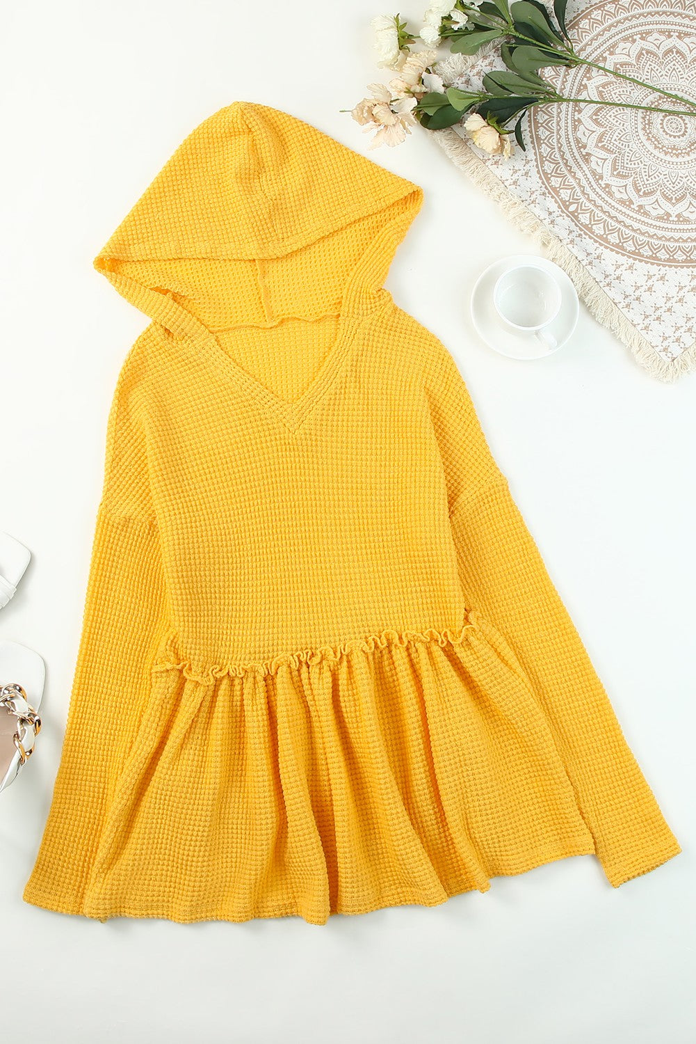 V Neck Drop Shoulder Hooded Flowy Top with Frill