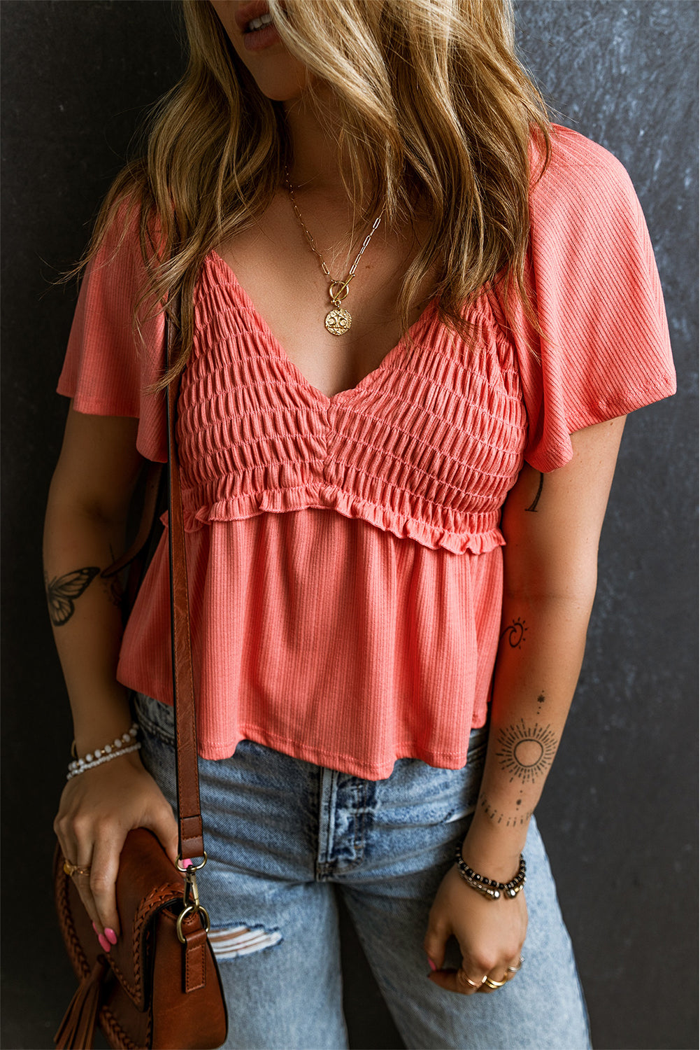 Tomato Red Shirred V Neck Short Flutter Sleeve Textured Blouse