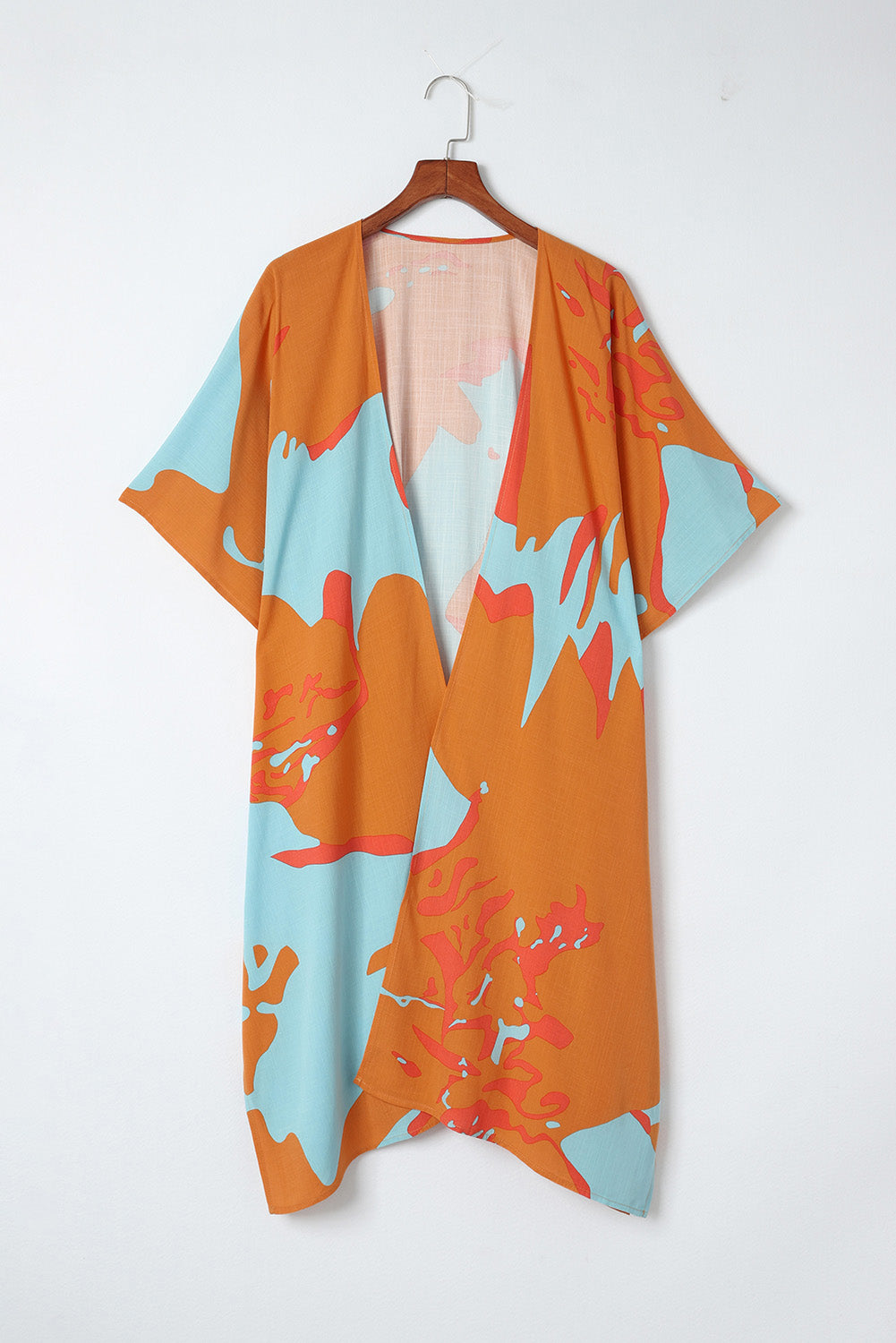 Abstract Print Open Front Kimono with Slits