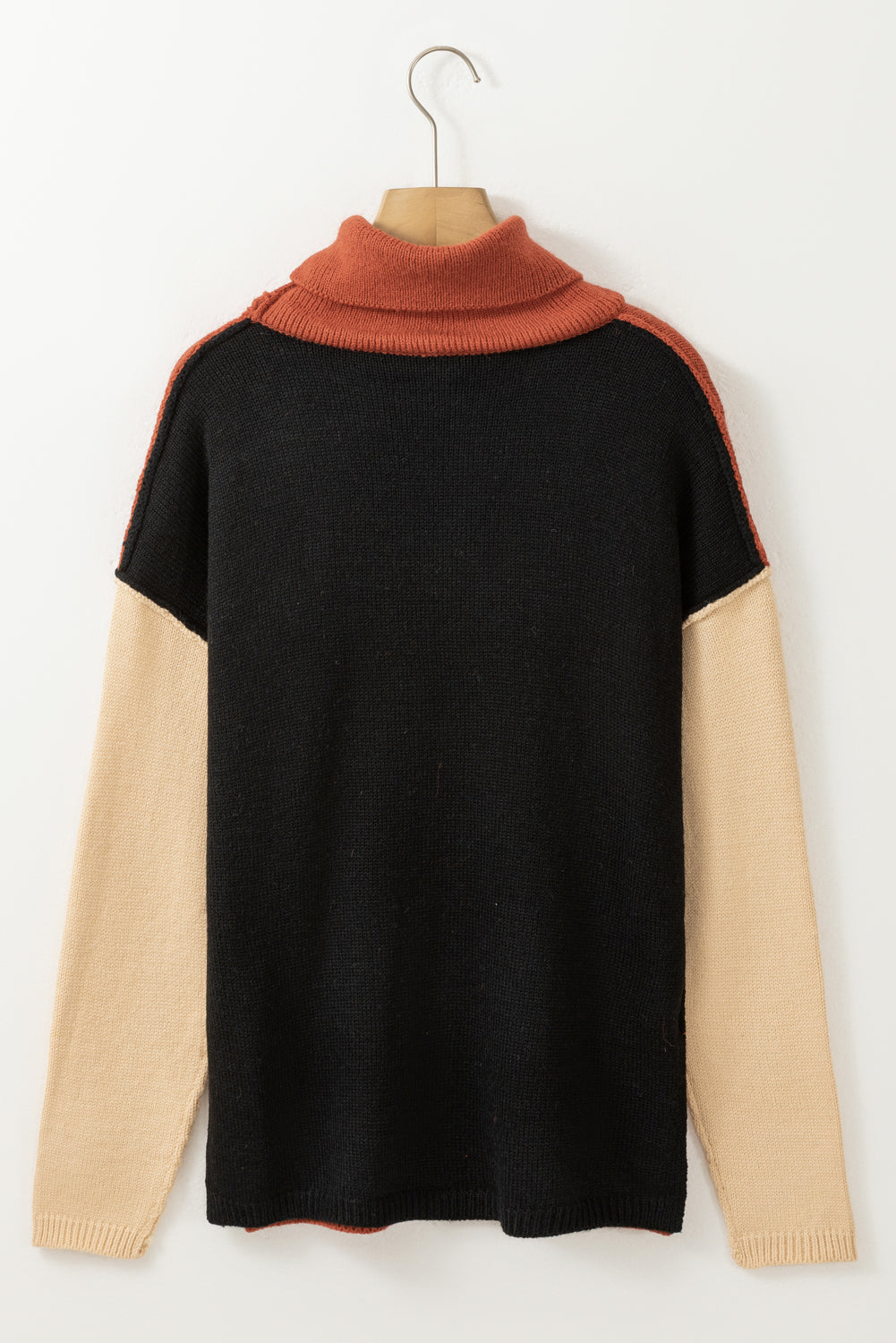 Khaki Color Block Turtle Neck Drop Shoulder Knit Sweater