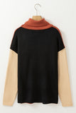 Khaki Color Block Turtle Neck Drop Shoulder Knit Sweater