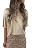 Glitter Chest Pocket Round Neck Long Sleeve Top