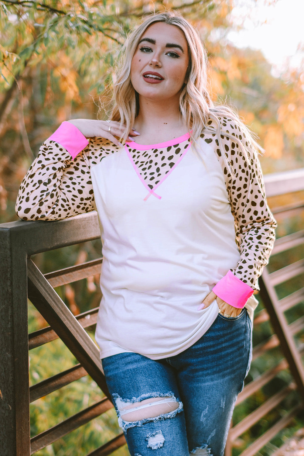 Leopard Patchwork Long Sleeve Plus Size Top