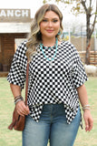 Black Checkered Print Side Slits O Neck Plus Size T Shirt