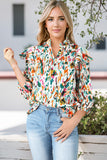 Multicolor Abstract Print 3/4 Puff Sleeve Ruffle Blouse