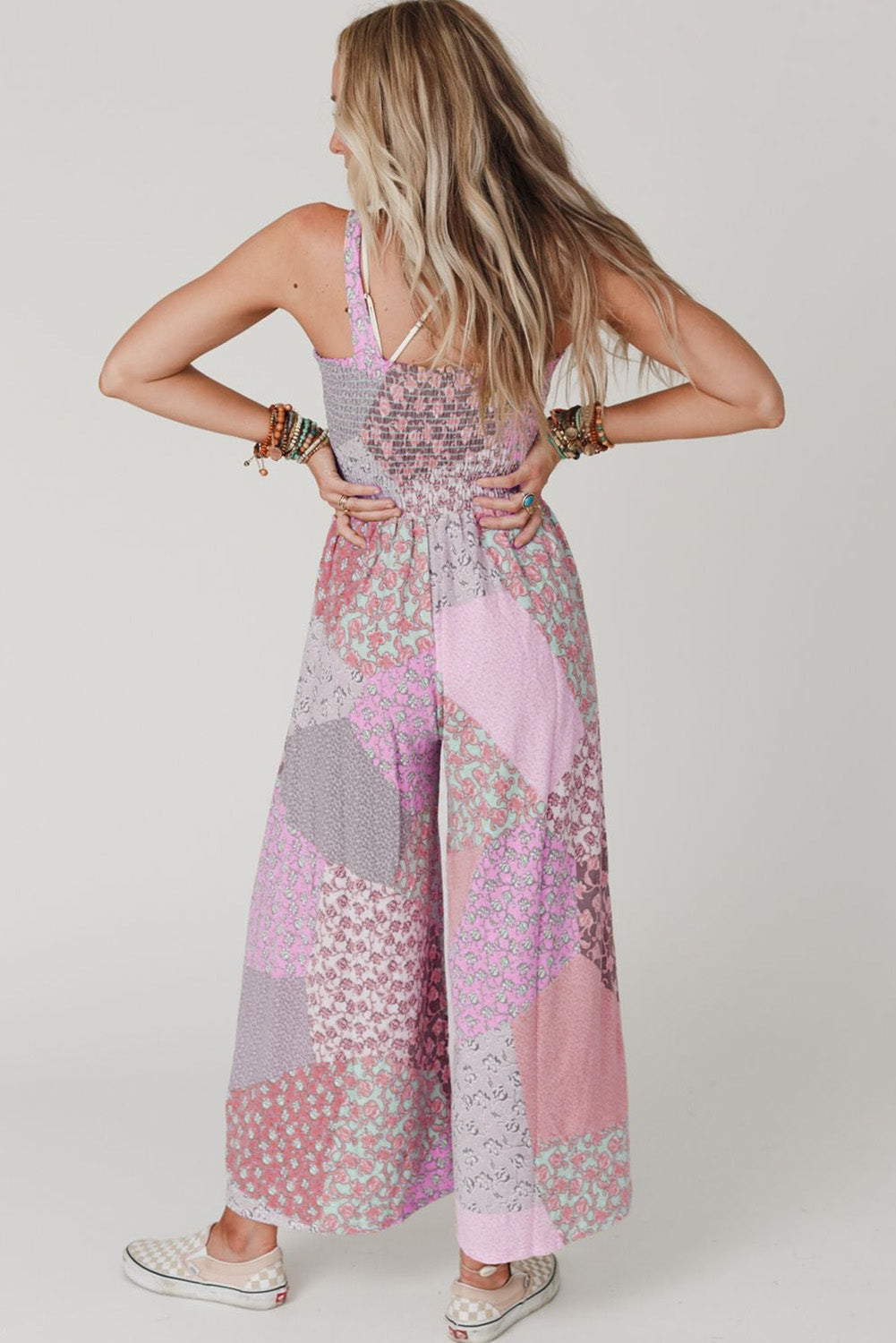 Irregular Patchwork Print Smocked Wide Leg Jumpsuit