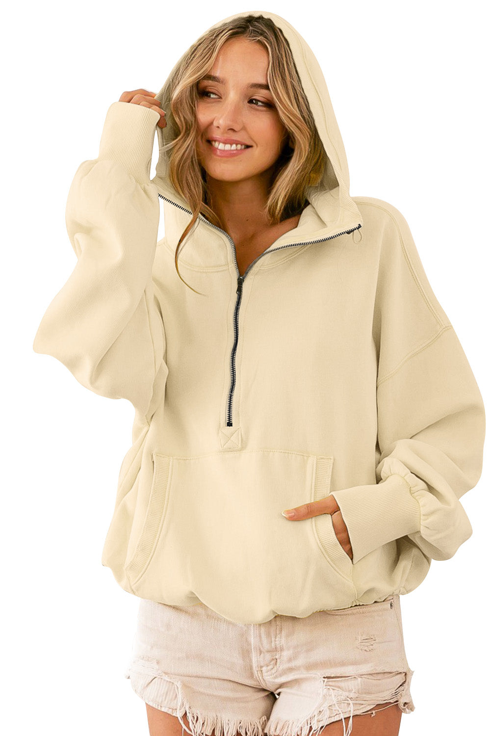 Ribbed Trim Kangaroo Pocket Zipped Hoodie