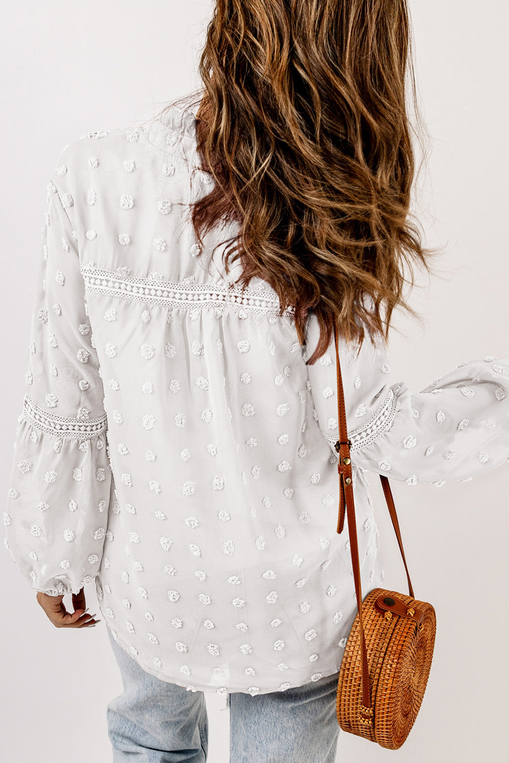 Ruffled Split Neck Lace Hollow Out Puff Sleeve Polka Dot Blouse