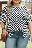 Black Checkered Print Side Slits O Neck Plus Size T Shirt