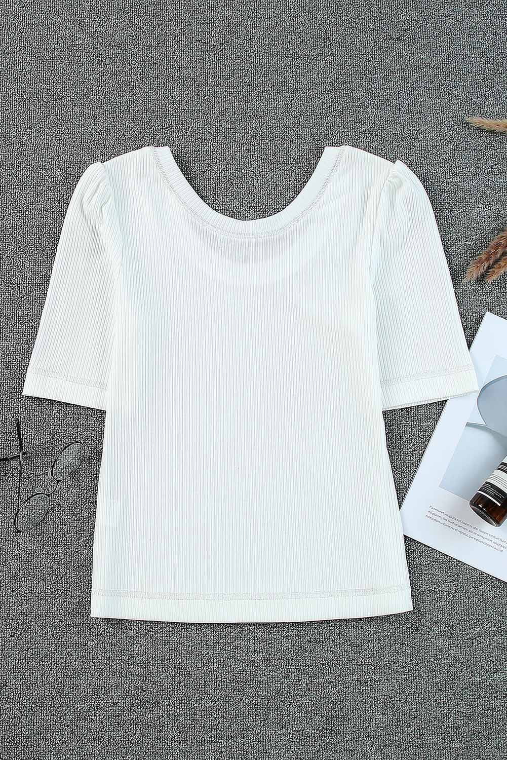 Round Neck Half Sleeve Ribbed Knit Top