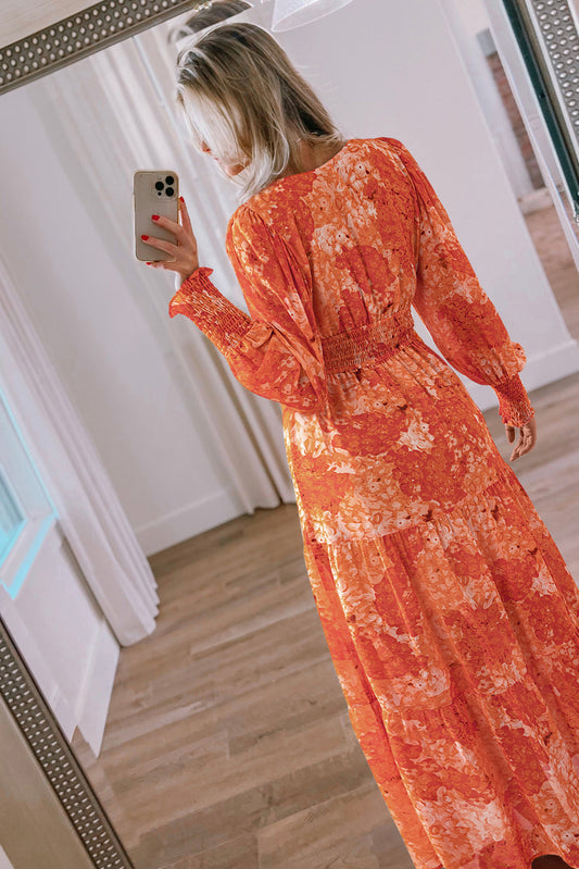 Orange Boho Floral Bishop Sleeve V Neck Tiered Maxi Dress