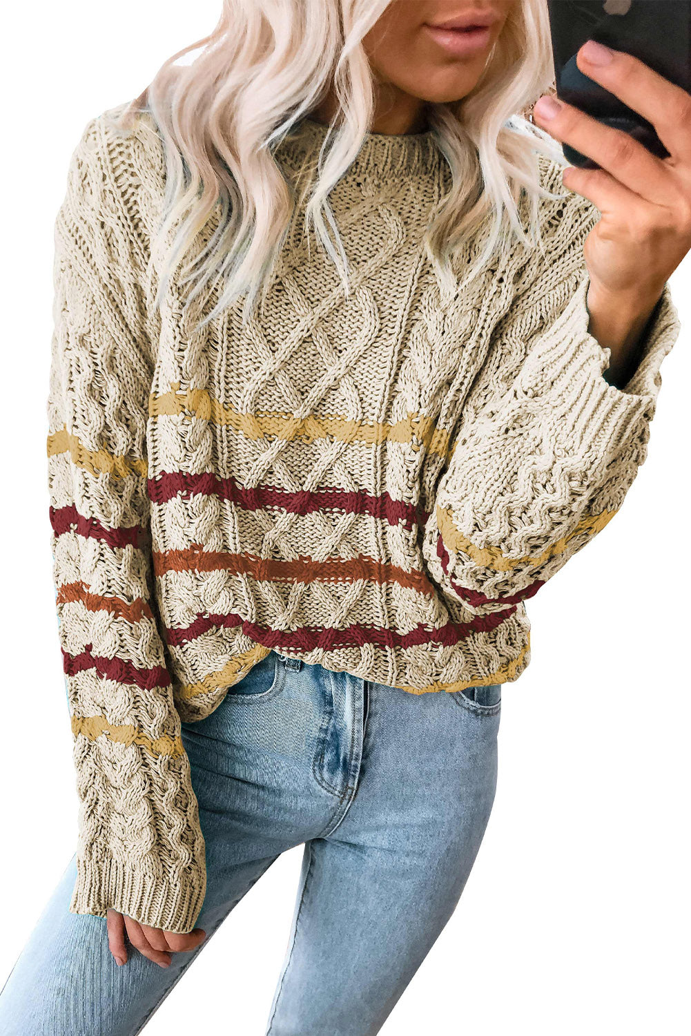 Striped Color Block Textured Knit Pullover Sweater