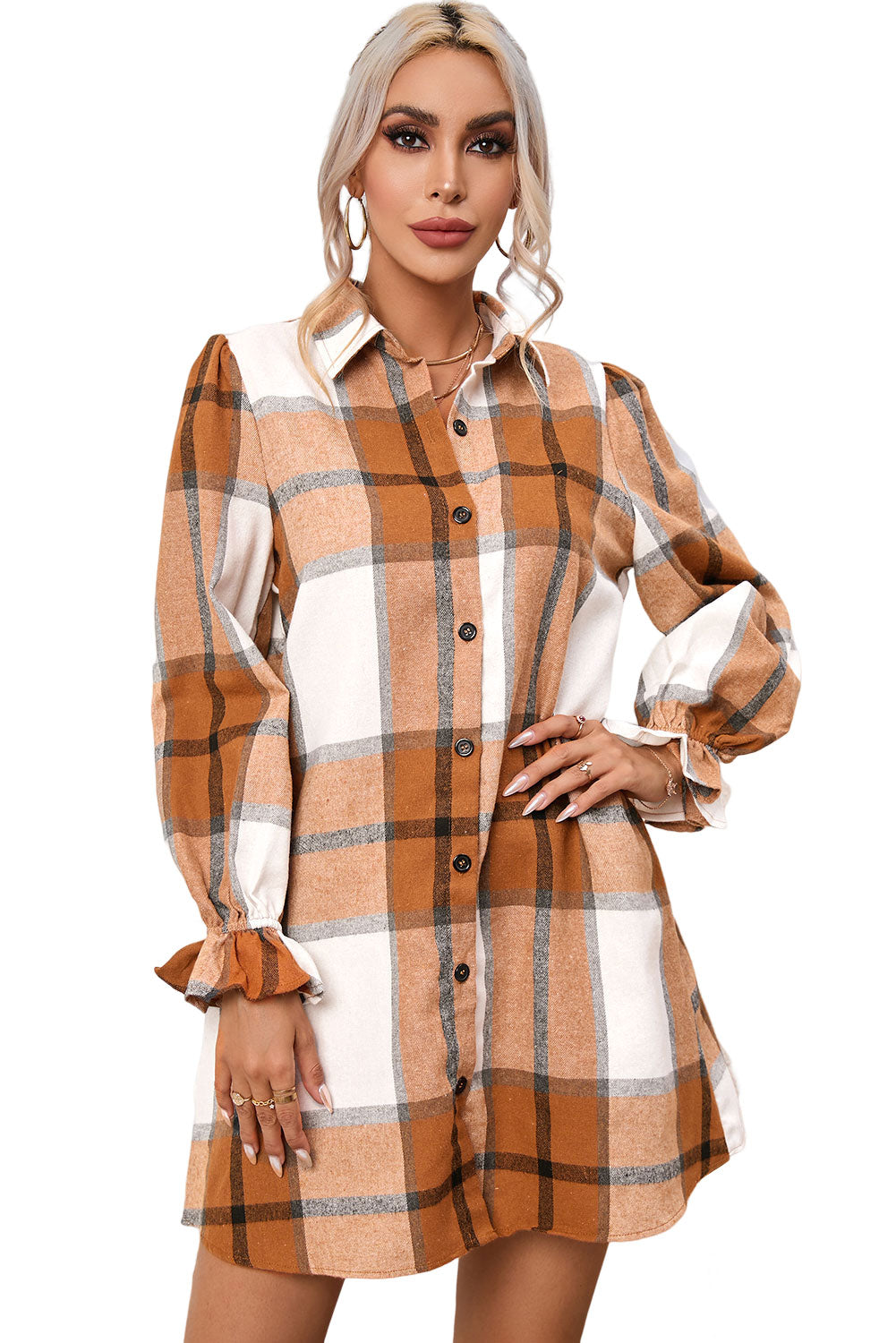 Khaki Western Plaid Button Up Loose Shirt Dress