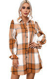 Khaki Western Plaid Button Up Loose Shirt Dress