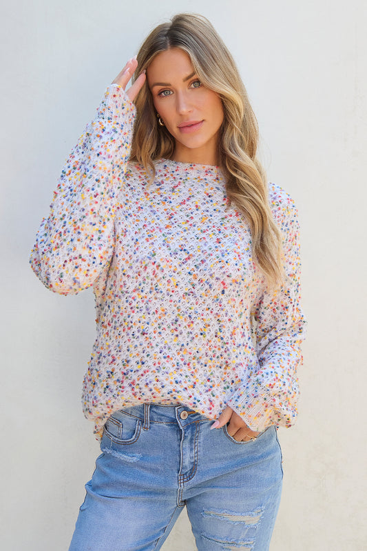 White Confetti Knit Popcorn Sweater Top