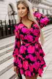 Floral Print V Neck Wrap Bishop Sleeve Ruffle Tiered Mini Dress