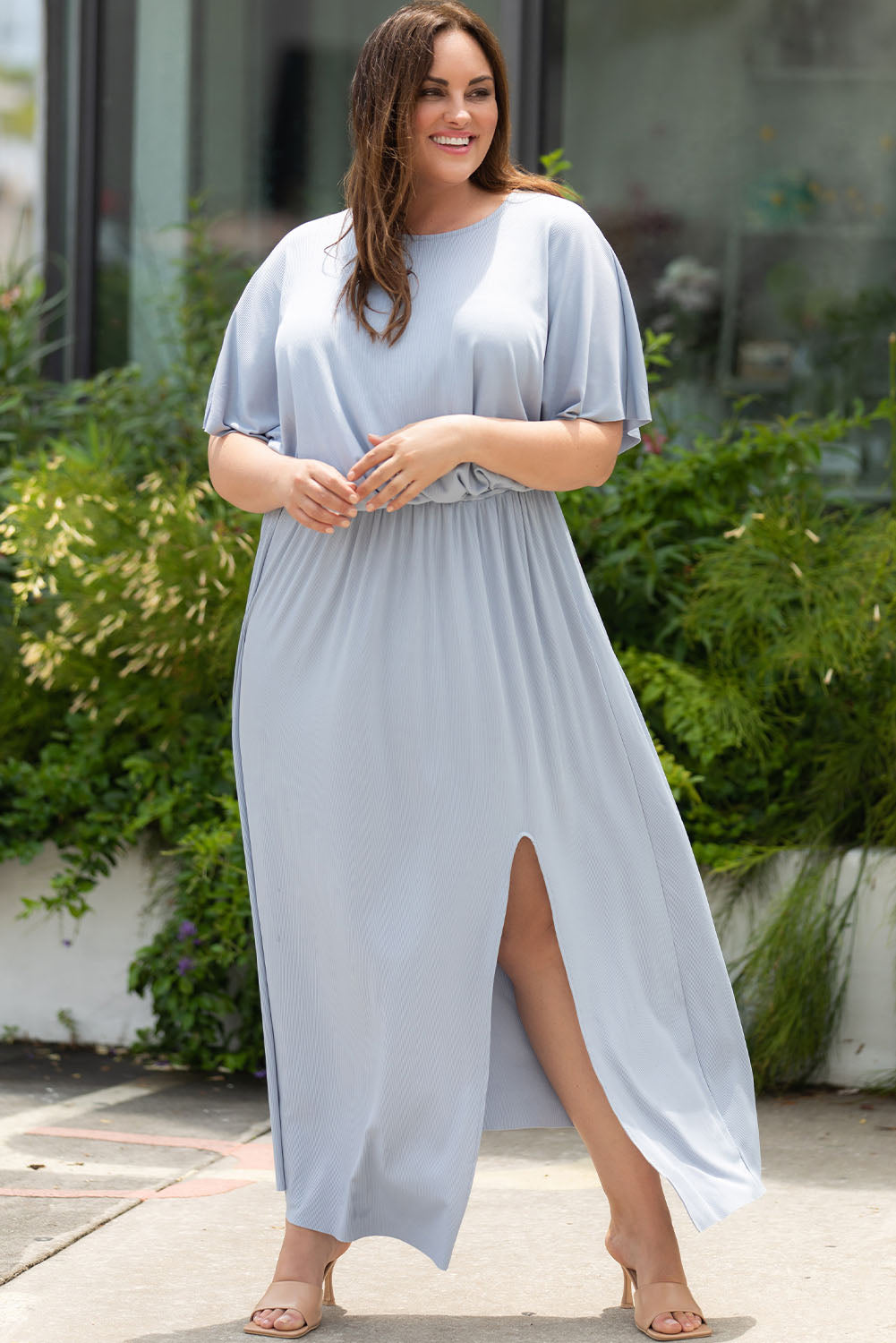 Plus Size Short Sleeves Rib Knit Maxi Dress with Slit