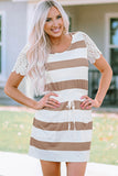 Lace Crochet Short Sleeve Drawstring Striped Dress