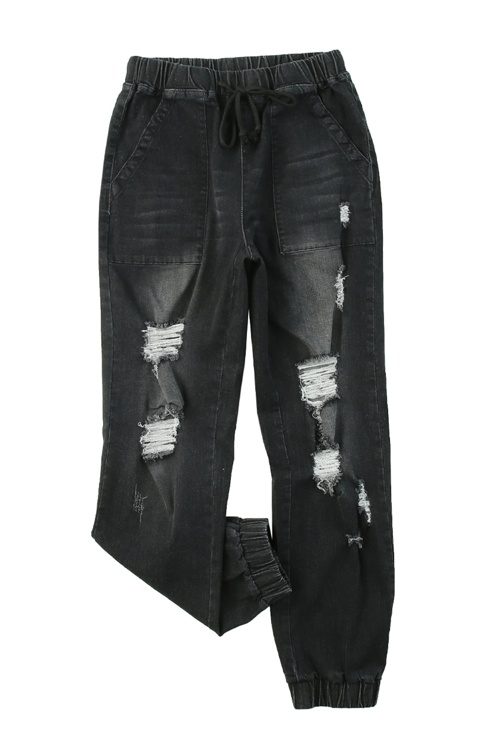 Blue Pocketed Distressed Denim Joggers