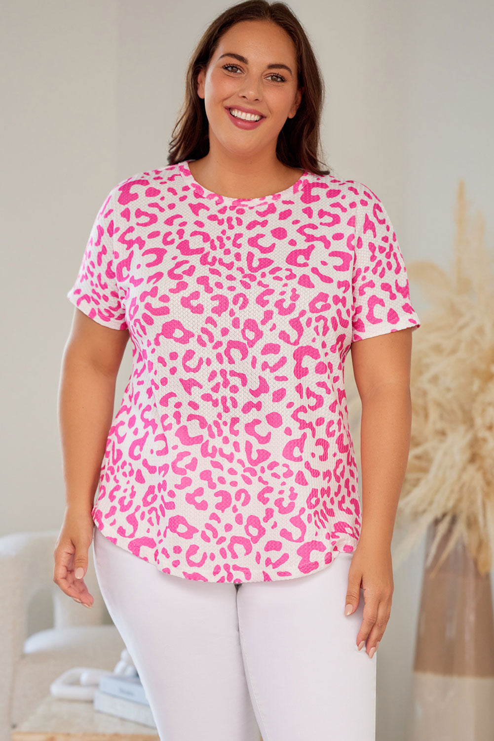 Leopard Print Textured Knit Short Sleeve Plus Size T Shirt