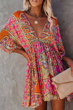 Multicolour V Neck 3/4 Sleeve Bohemian Vintage Print Mini Dress