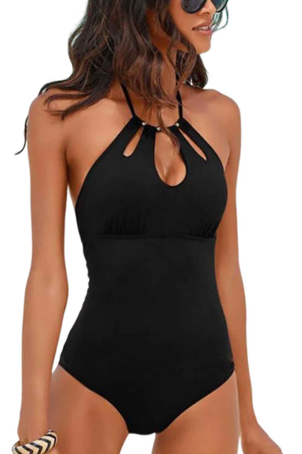 Hollow Out Beaded Halter Neck One-piece Swimsuit