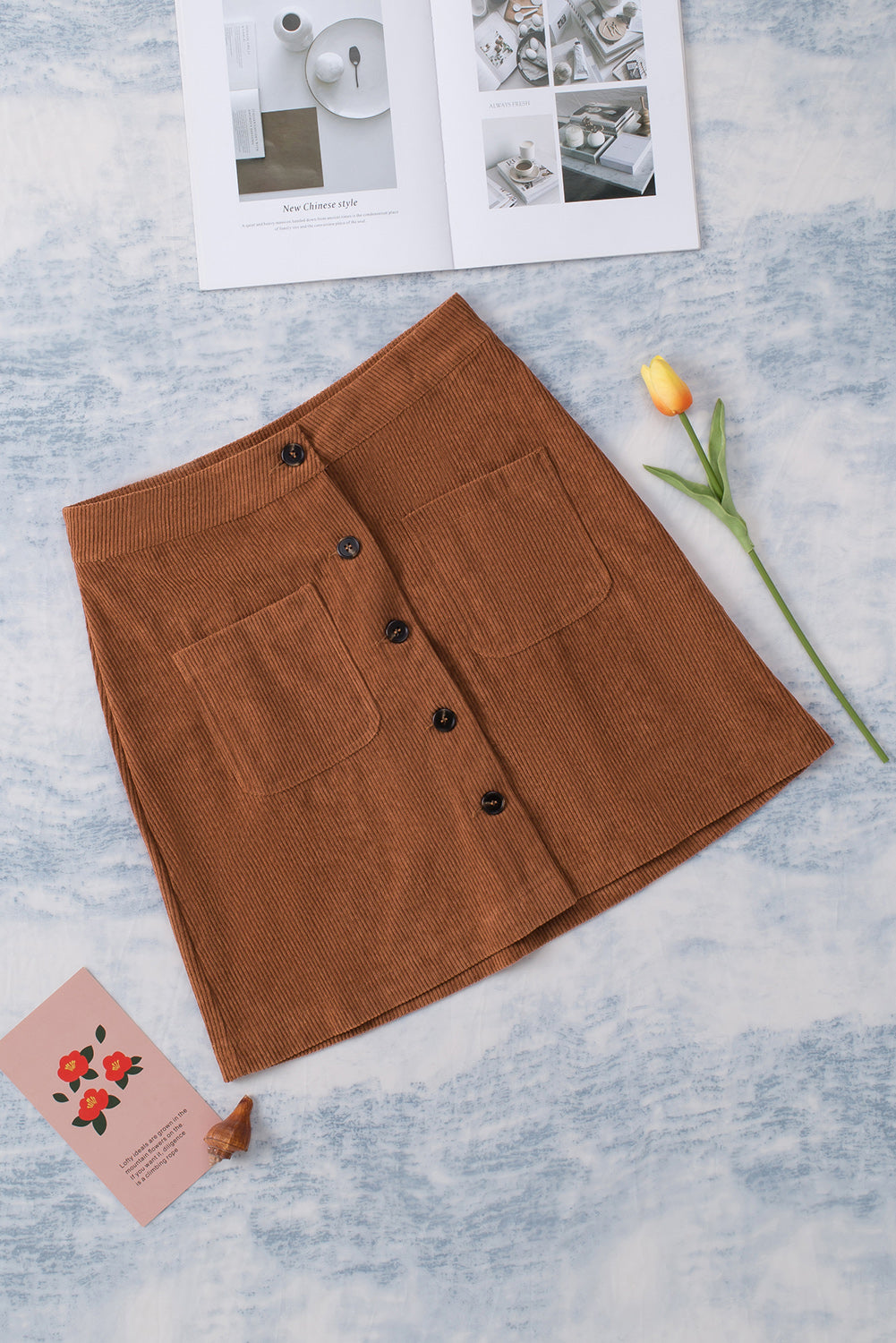 Buttons Front Corduroy Mini Skirt