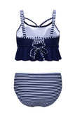 Cutout Ruffle Crop Top and Striped High Waist Bikini Set