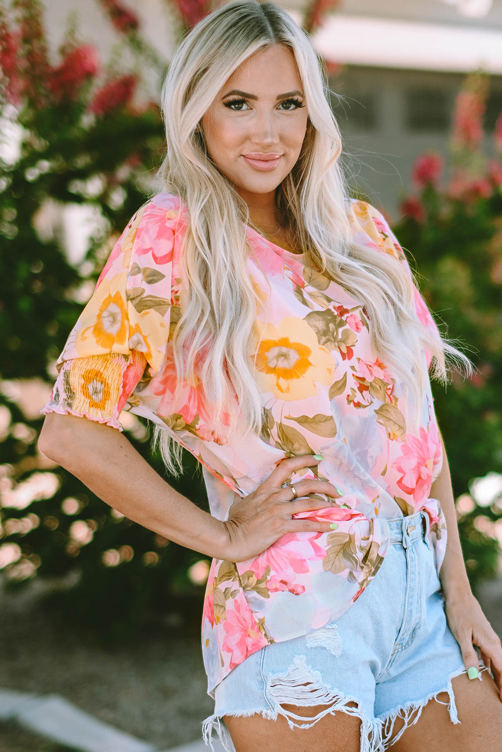 Pink Floral Print Tiered Ruffled Long Sleeve Blouse