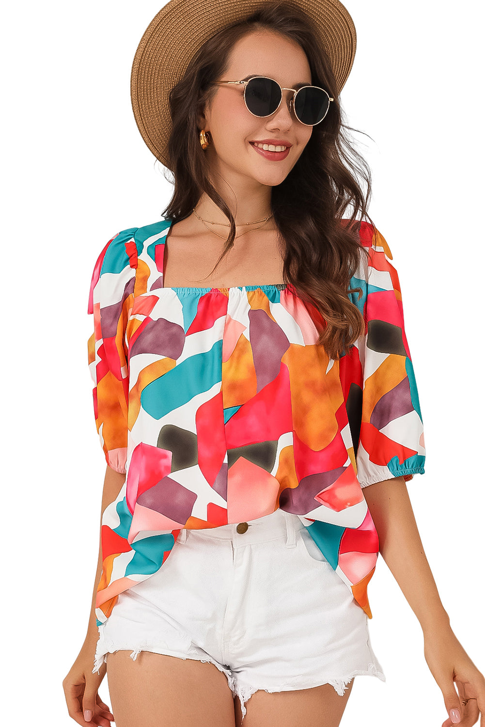 Square Neck Abstract Print Short Sleeve Blouse