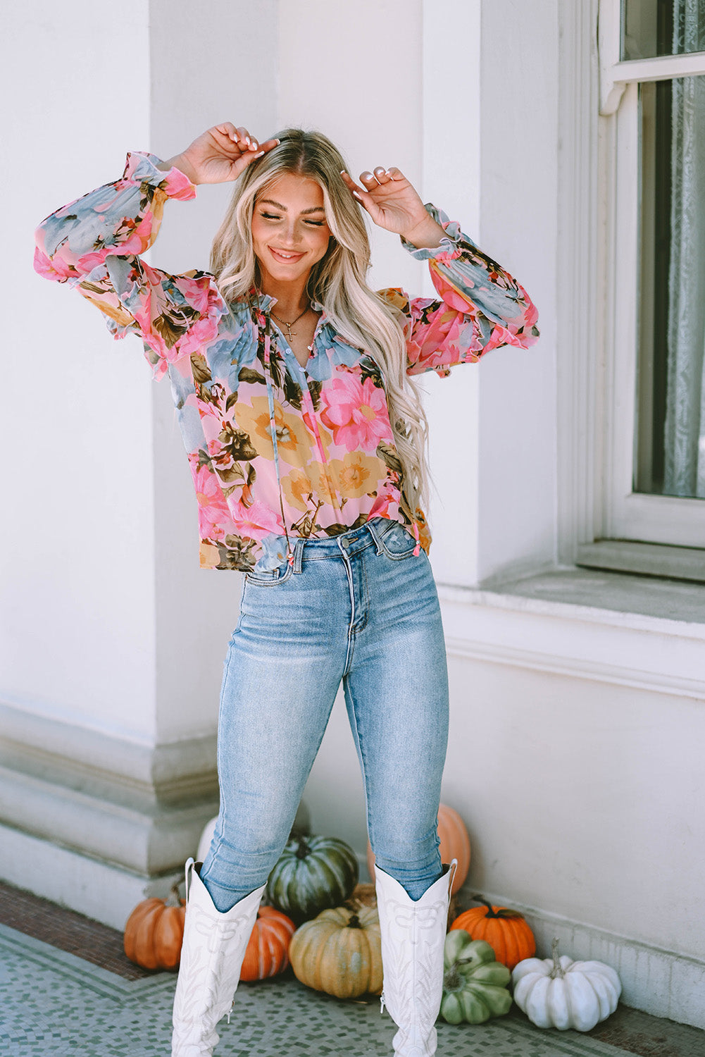 Pink Floral Print Tiered Ruffled Long Sleeve Blouse