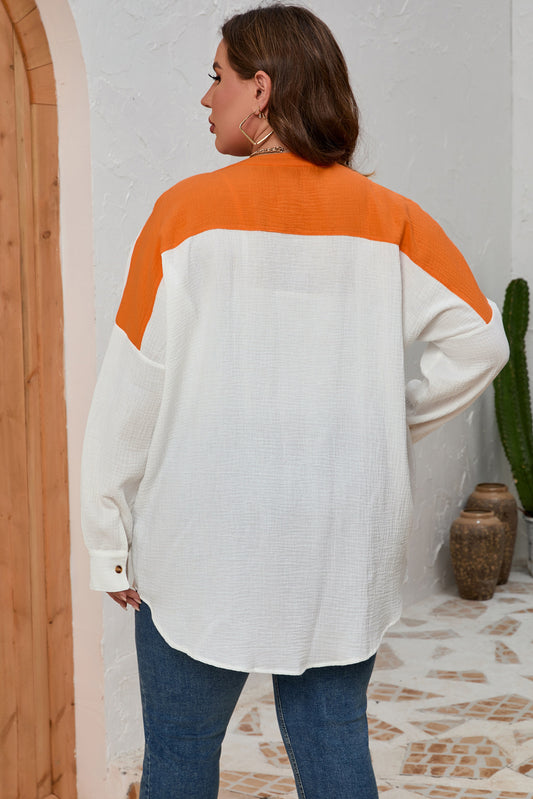 Crinkle Colorblock Chest Pocket Plus Size Shirt