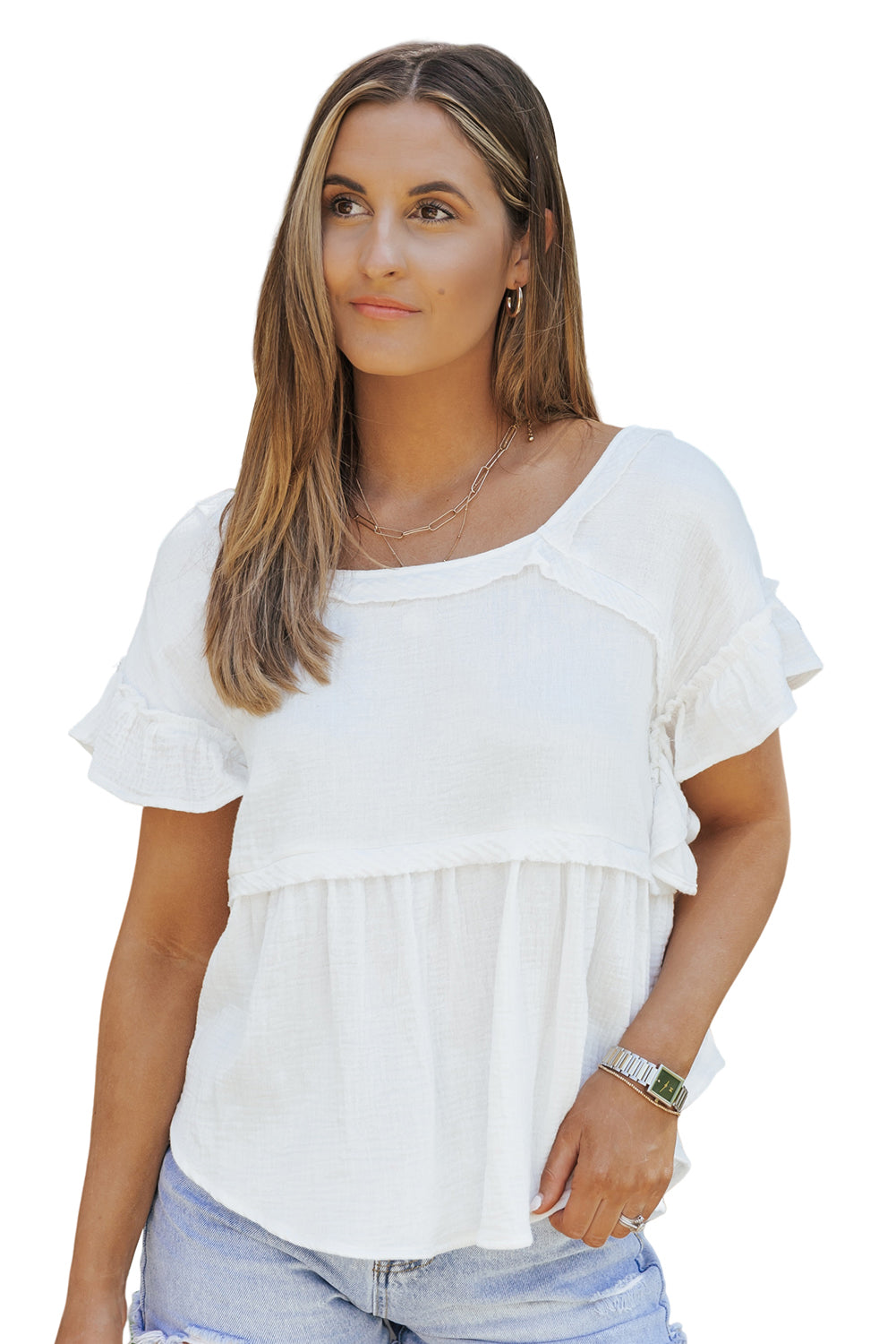 Ruffled Short Sleeves Crinkled Flowy Top