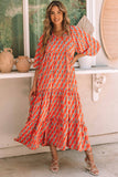 Ethnic Geometry Print Bubble Sleeve Maxi Dress