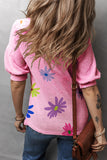 Pink Textured Colorful Floral Print Puff Sleeve T Shirt