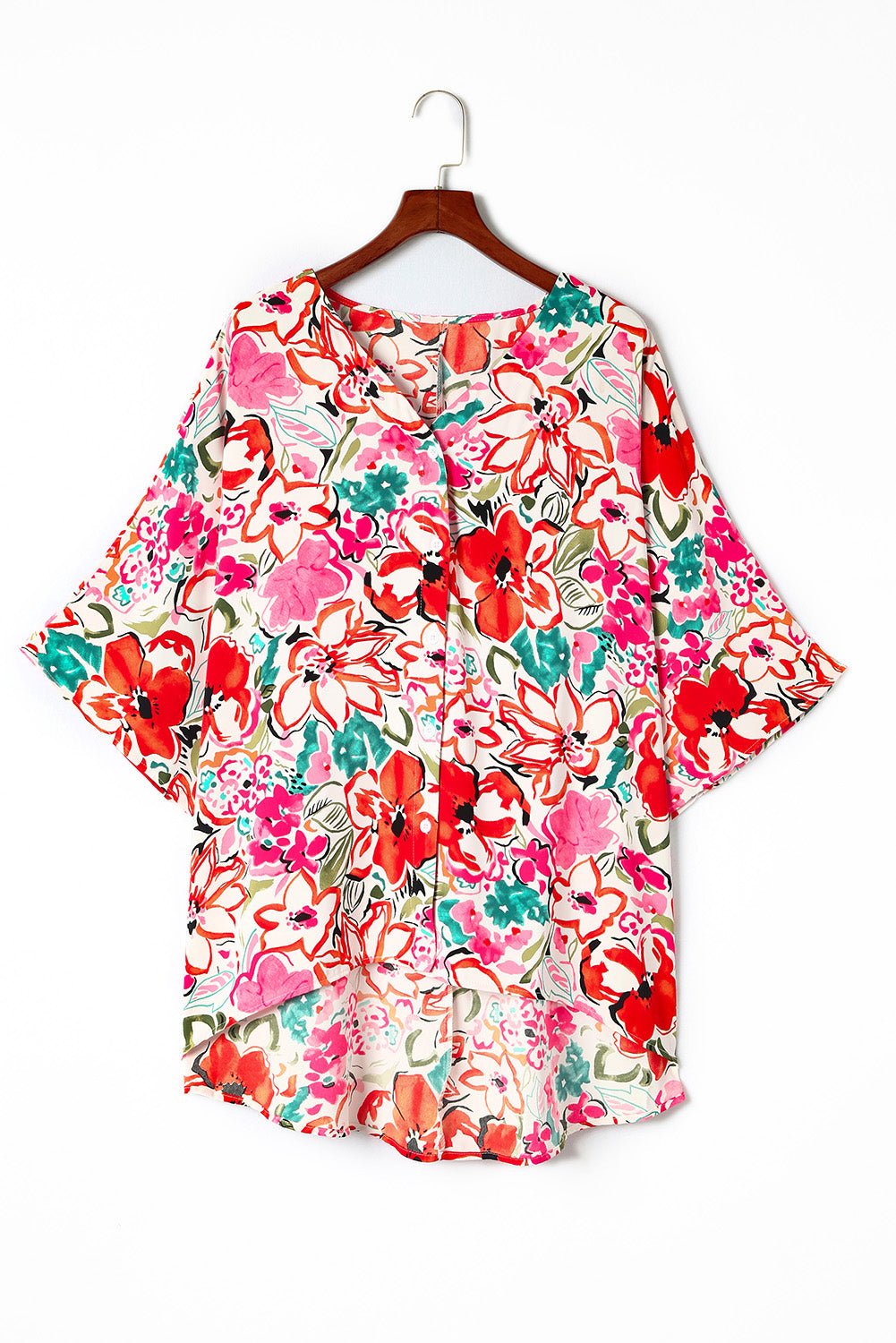 Plus Size Floral Print Kimono Sleeve Shirt